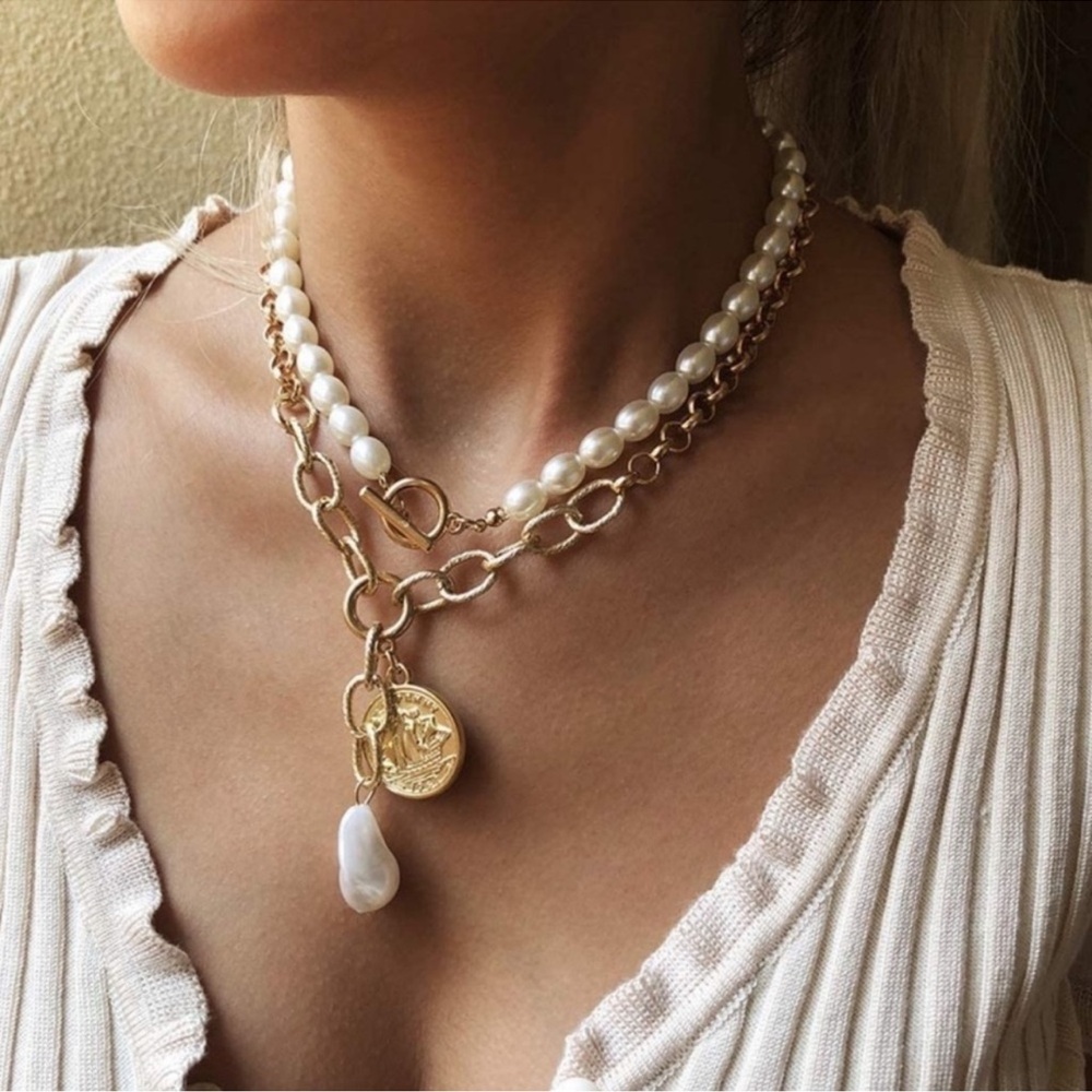 - Layered Boho Necklace Charm Pearl 14K plated